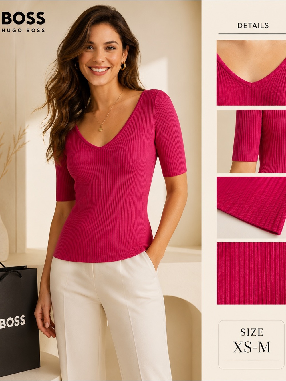 Hugo Boss Women's Ribbed V-Neck Top in Fuchsia Pink